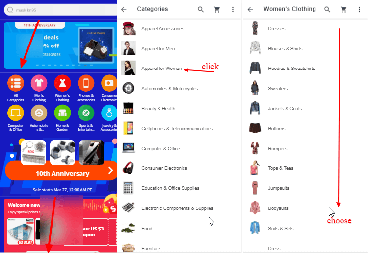 Separate page featuring items under the main category