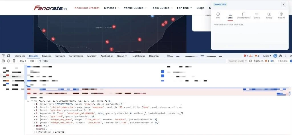 GTM preview mode showing Fanorate data layer events virtual_page_view, widget_eng_open, and widget_eng_stats with parameters