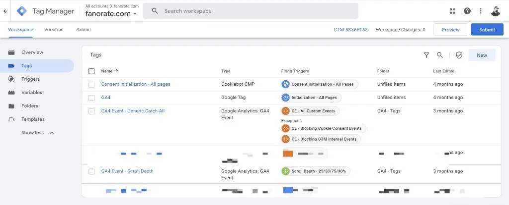 GTM workspace with a single GA4 Event Generic Catch All tag handling all custom events