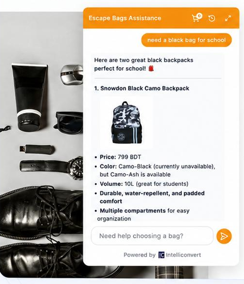 The Escape Bag storefront with the AI shopping assistant recommending black backpacks, listing price, colour, volume and features