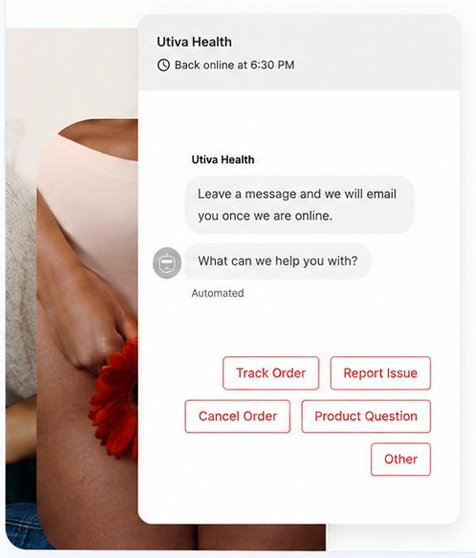 The Utiva Health chat window offering Track Order, Report Issue, Cancel Order and Product Question options with automated replies