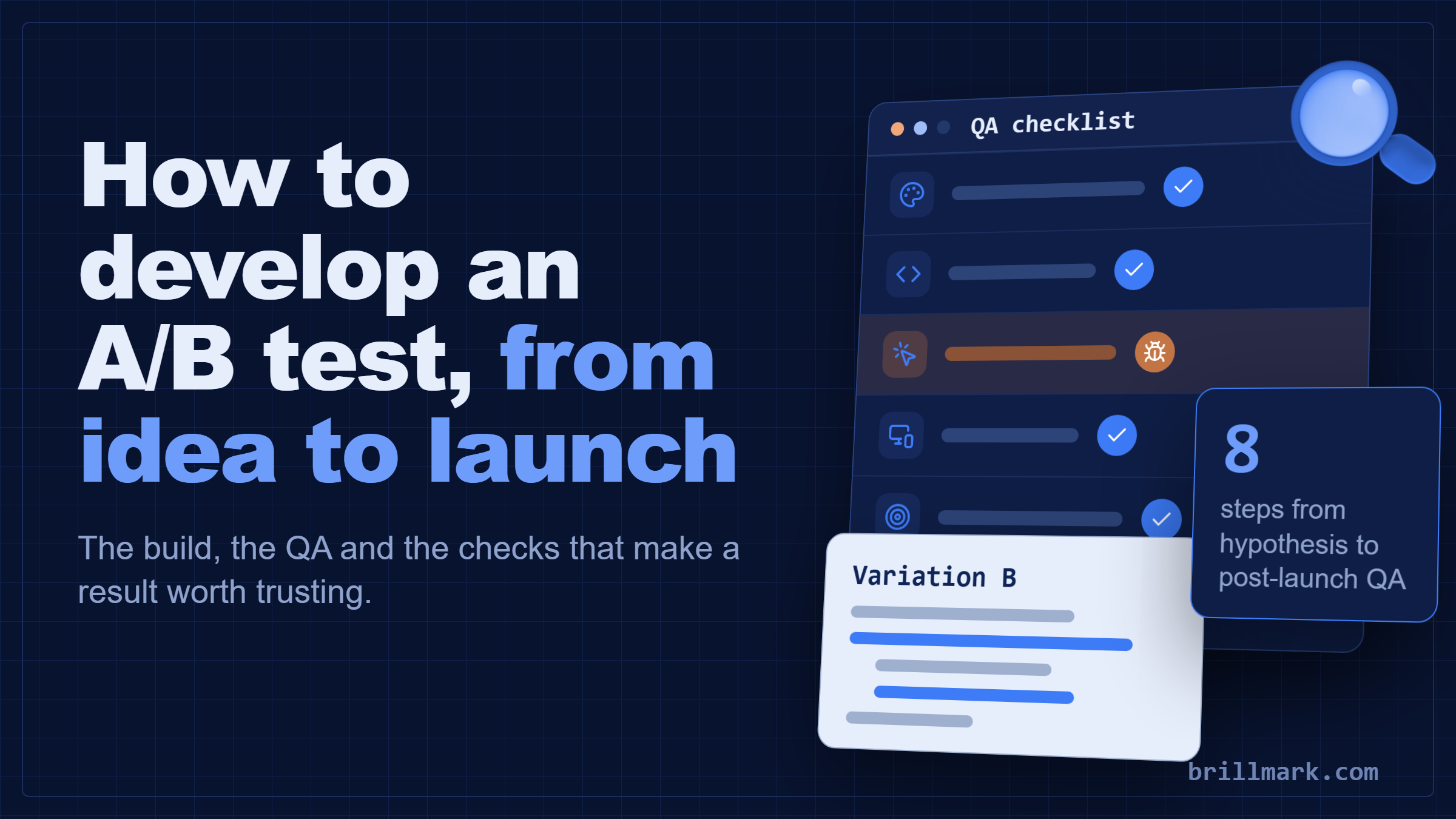 How to develop an A/B test, from idea to launch: a QA checklist window with one bug flagged, variation code and 8 steps from hypothesis to post-launch QA.