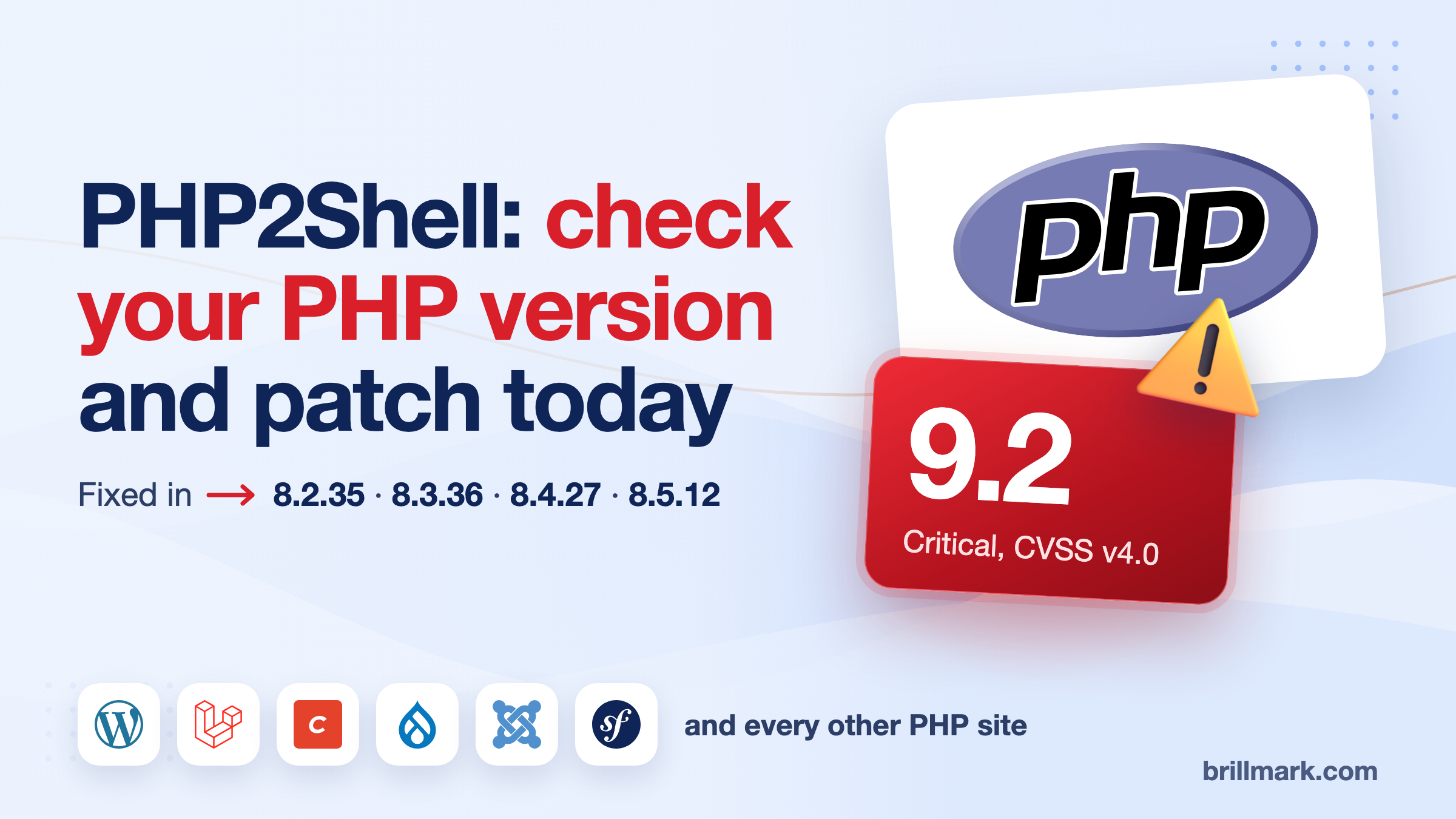 Cover: PHP2Shell, check your PHP version and patch today. PHP logo with a red 9.2 Critical CVSS v4.0 badge